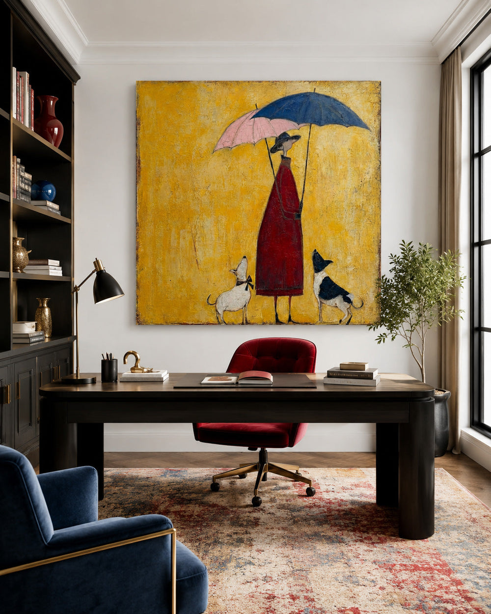 Whimsical Lady With Dogs Under Umbrellas Square Canvas Art For Living Room Decor