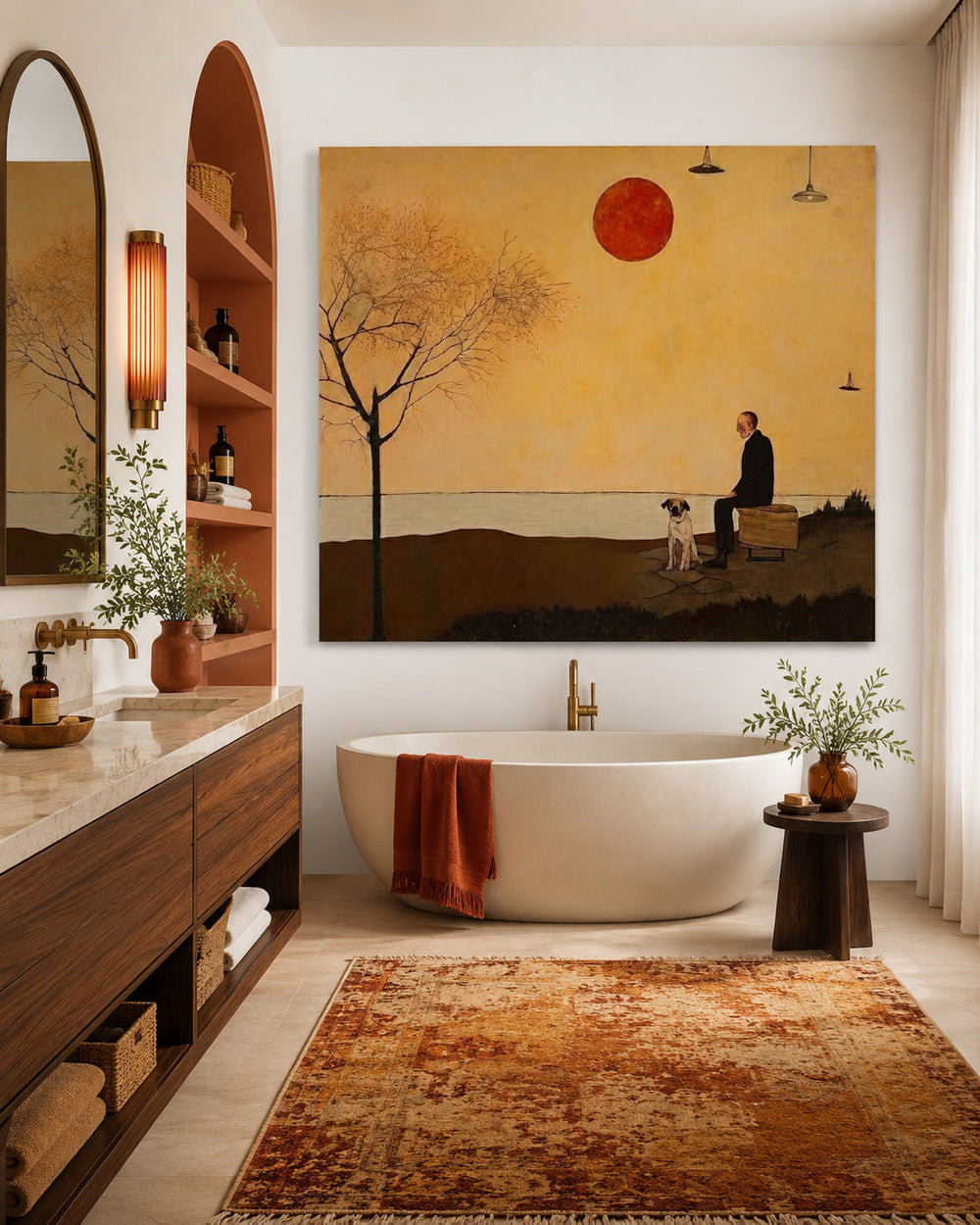Retro Minimalist Oil Painting Of Man And Dog At Sunset For Living Room Decor