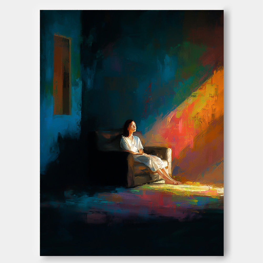 Expressive Woman Painting With Dramatic Light And Shadow For Modern Living Room Decor