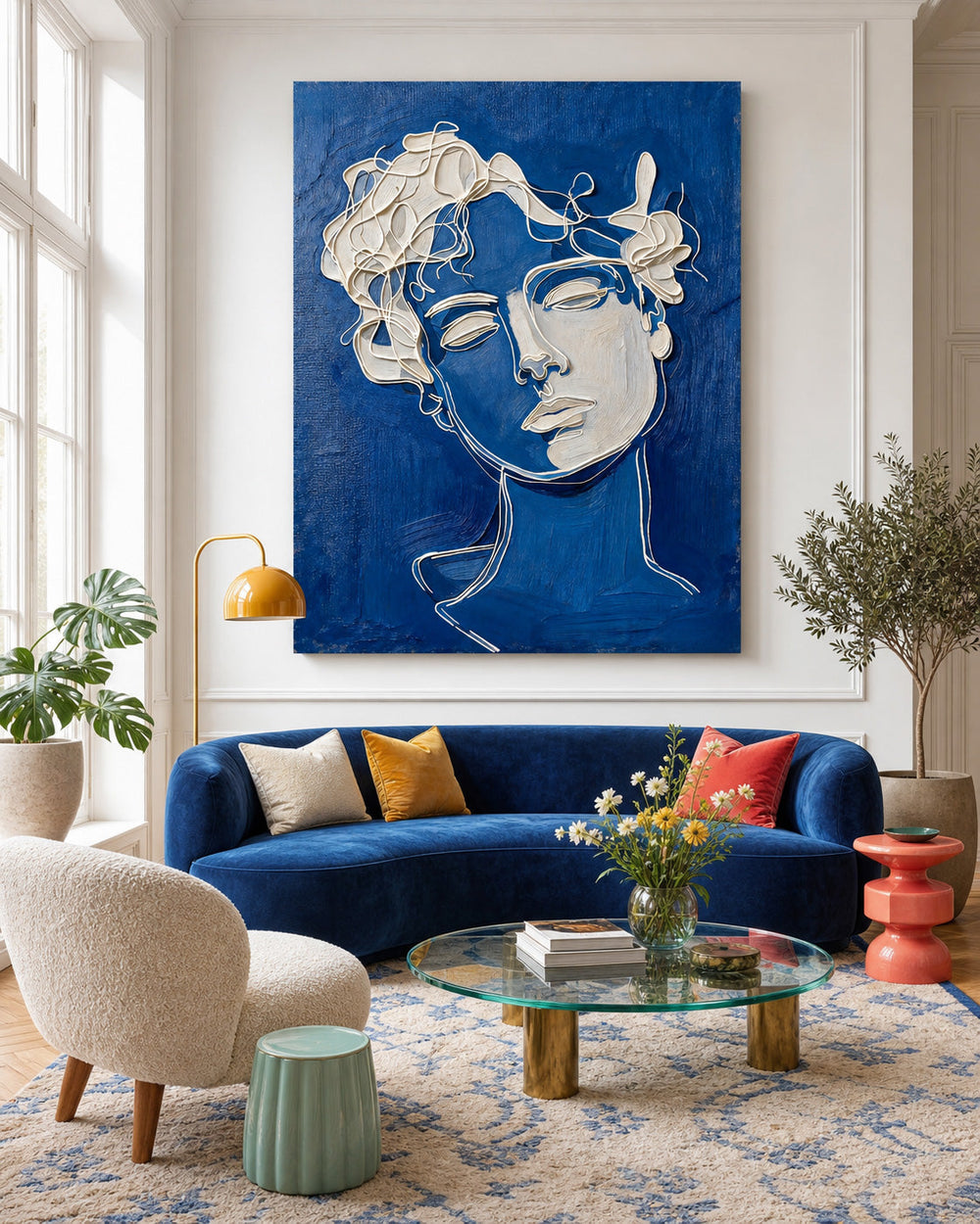 Modern Blue White Plaster Line Art Portrait Painting For Living Room Wall Decor