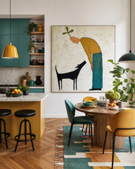 Whimsical Man And Dog Painting Minimalist Square Canvas Art For Modern Living Room Decor