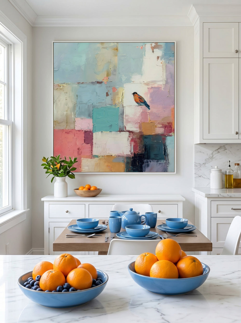 Modern Geometric Bird Painting With Colorful Blocks For Living Room Decor