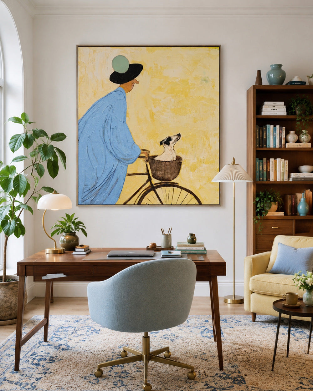 Whimsical Blue And Yellow Dog Painting With Figure On Bike For Modern Home Decor
