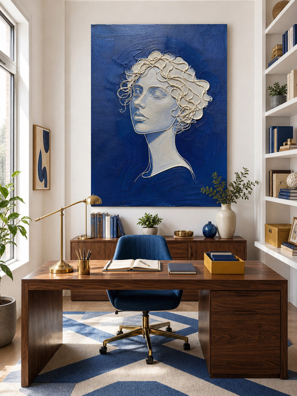 Modern Blue And Gold Line Art Portrait Painting For Living Room Decor