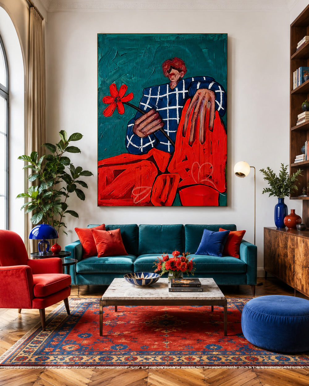 Quirky Male Portrait Art With Red Flower And Blue Grid Jacket For Modern Living Room