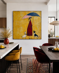 Whimsical Lady With Dogs Under Umbrellas Square Canvas Art For Living Room Decor