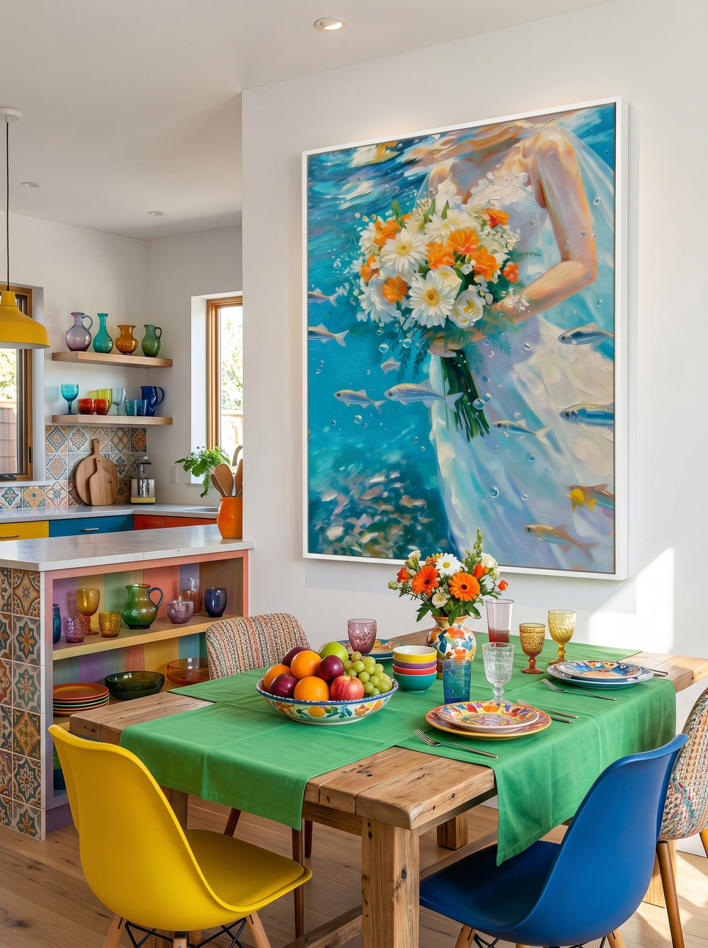 Underwater Bridal Floral Oil Painting With Fish And Bubbles For Modern Home Decor