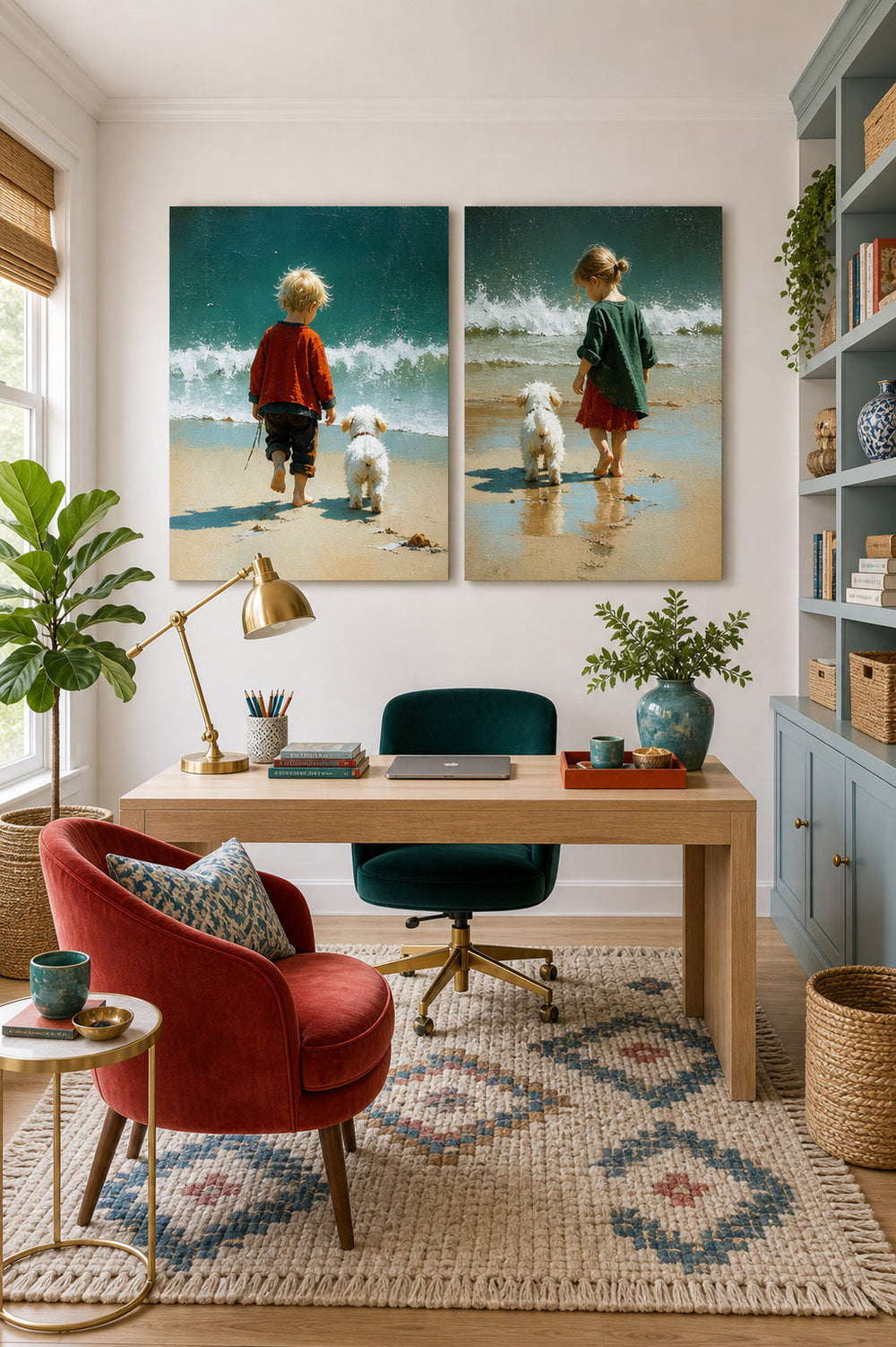 Modern Two Piece Wall Art Set Featuring Kids And Pets For Nursery