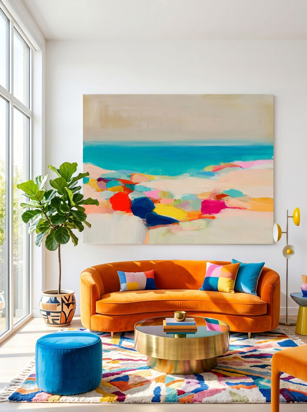 Hand Painted Ocean Art With Colorful Stones And Calm Blue Water For Home
