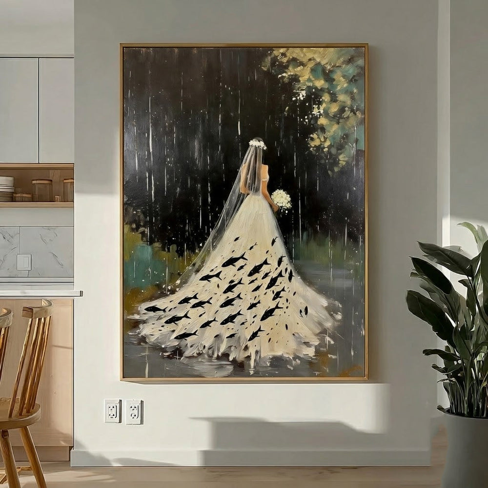 Surreal Bride Painting With Fish In Rain For Modern Home Decor