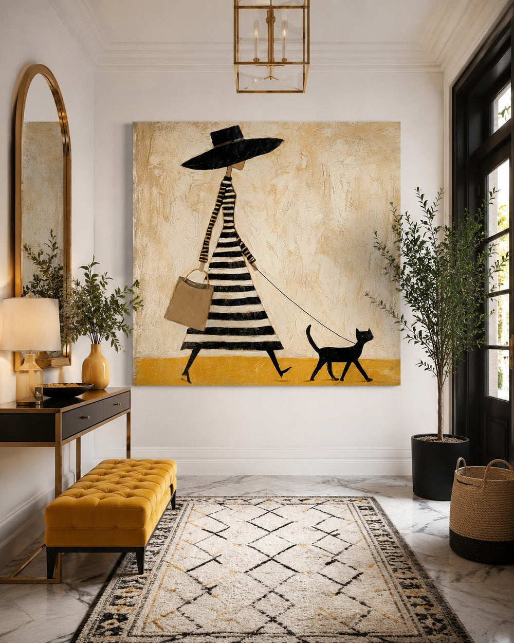 Chic Minimalist Fashion Art Of Woman With Cat For Modern Living Room Decor