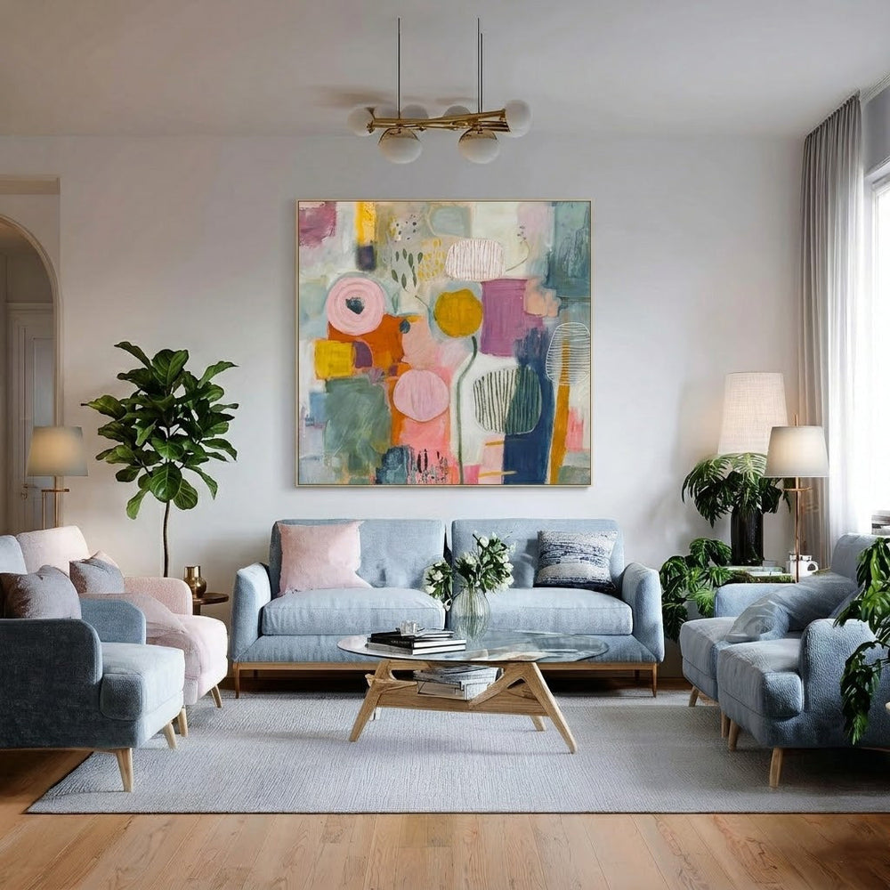 Original Hand Painted Abstract Art On Linen Canvas With Expressive Texture And Whimsical Design For Home Office