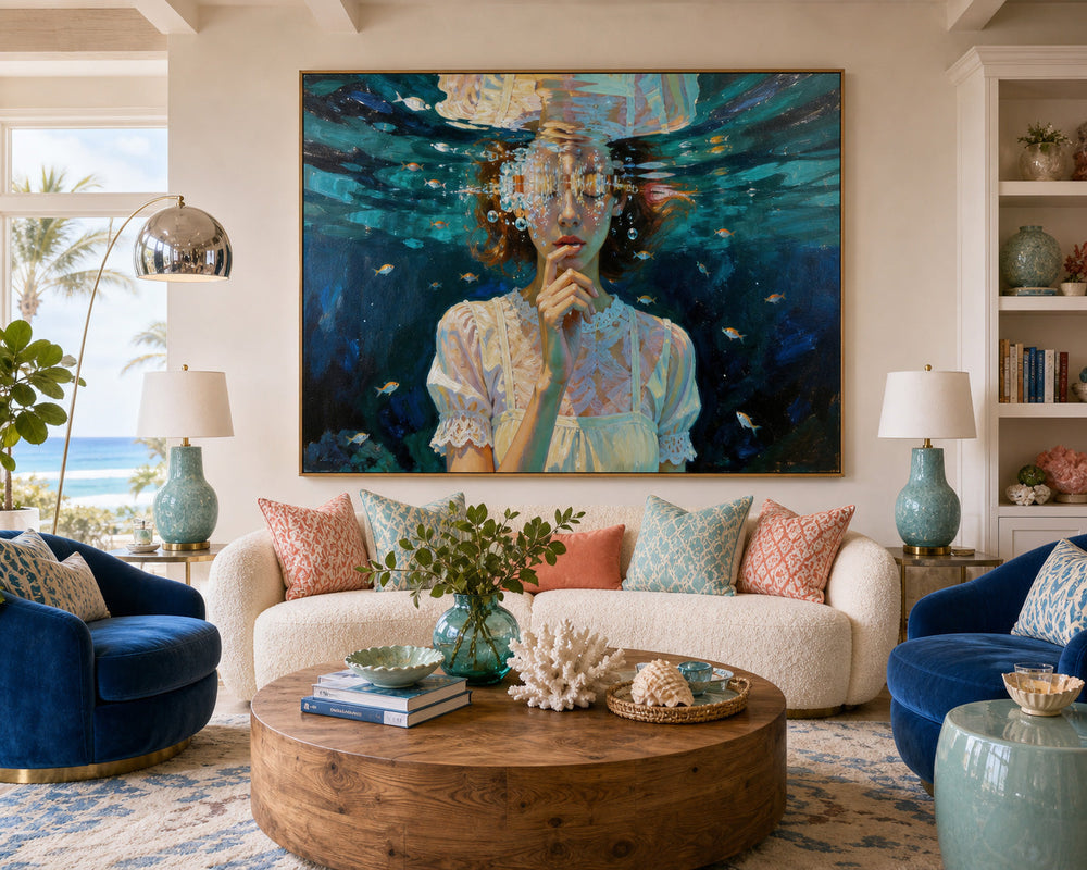 Expressive Oil Painting Of A Girl Submerged In Blue Water With Delicate Brushstrokes