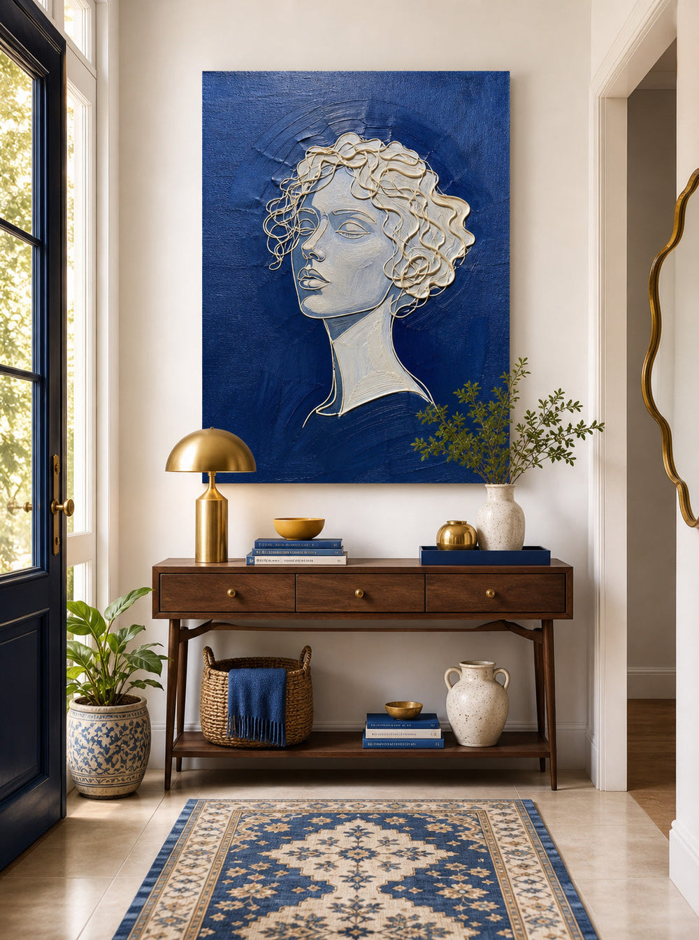 Modern Blue And Gold Line Art Portrait Painting For Living Room Decor