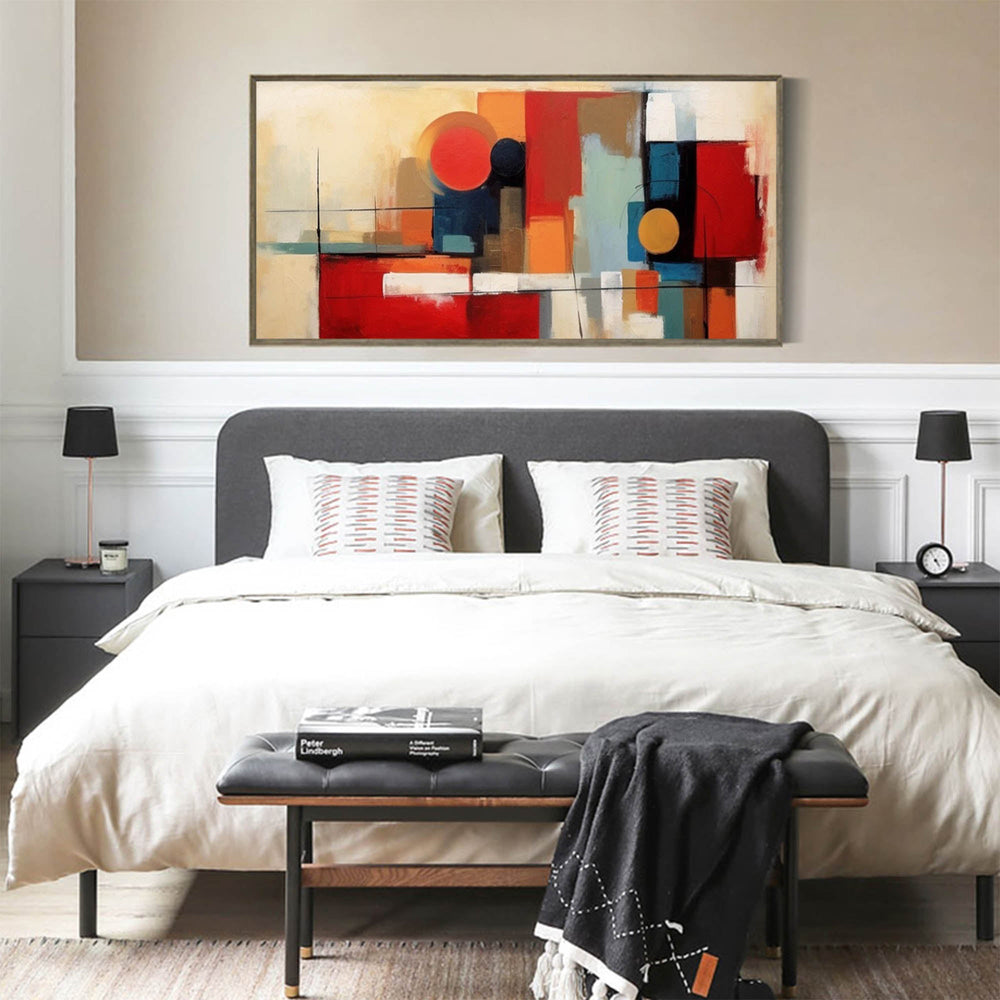 Red Original Abstract Oil Painting On Canvas Geometric Large Composition Artwork Framed Living Room Decor