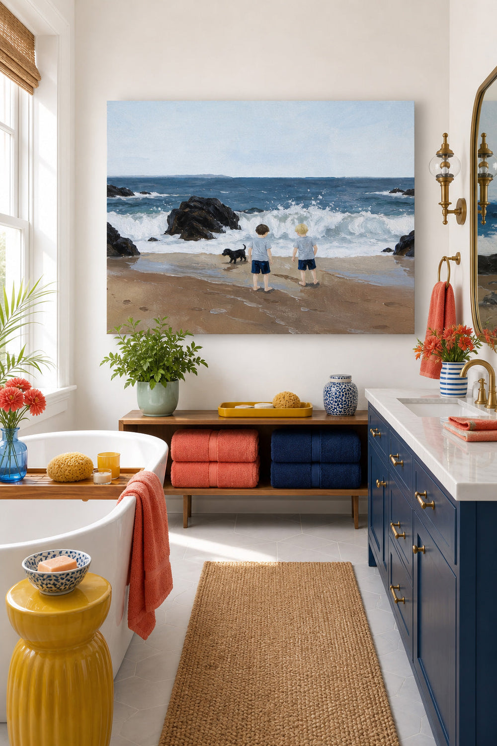 Hand Painted Beach Scene With Children And Pet Dog Nostalgic Family Wall Art
