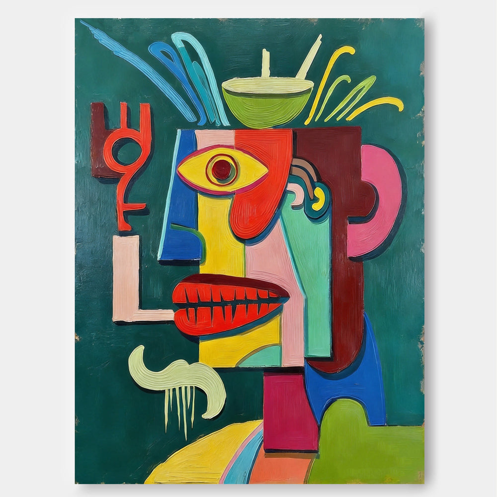 Quirky Cubist Face Art Print With Bold Colors And Expressive Brushstrokes For Eclectic Interiors