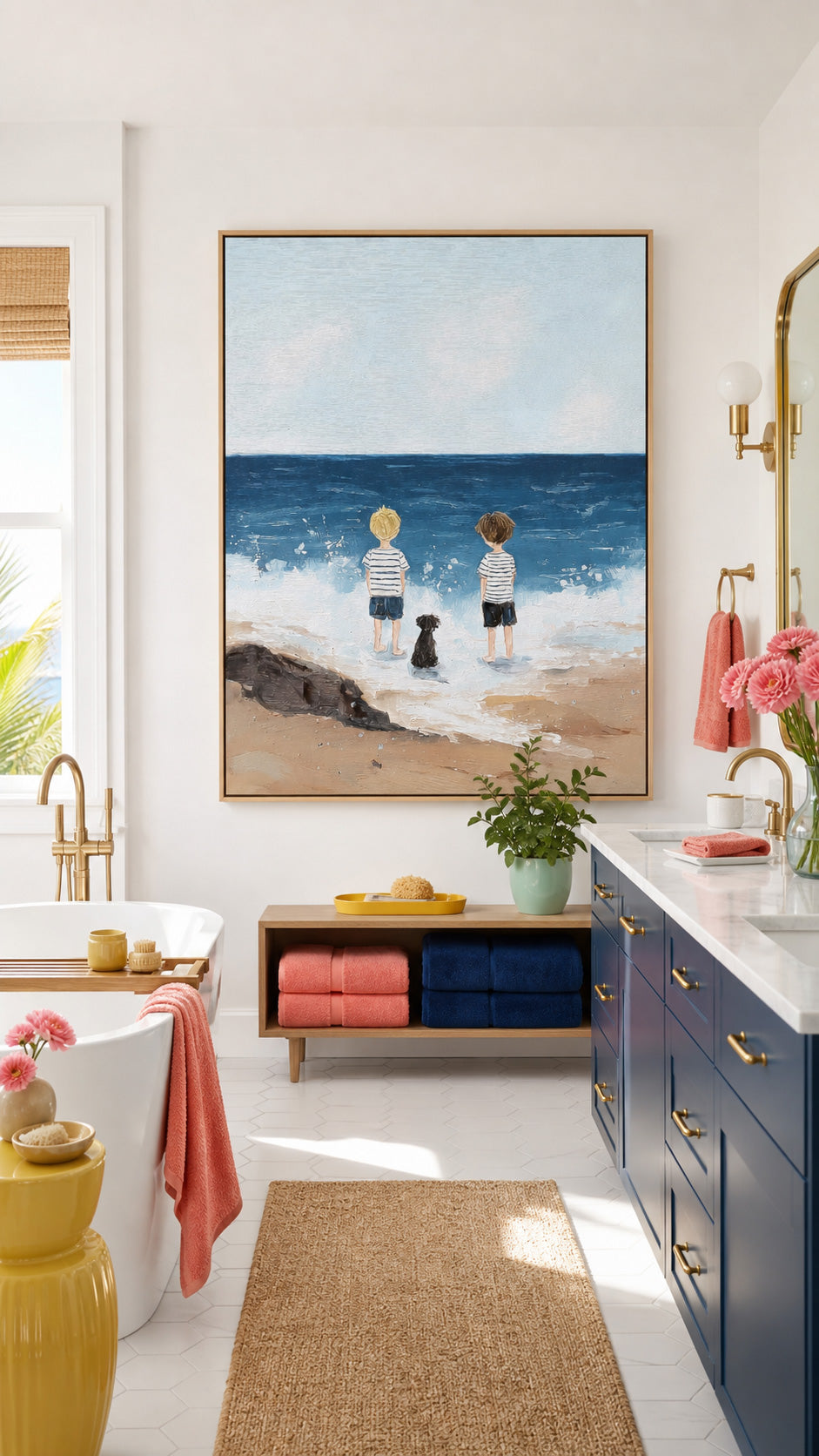 Original Hand Painted Seascape Artwork Featuring Children And Pet On Linen