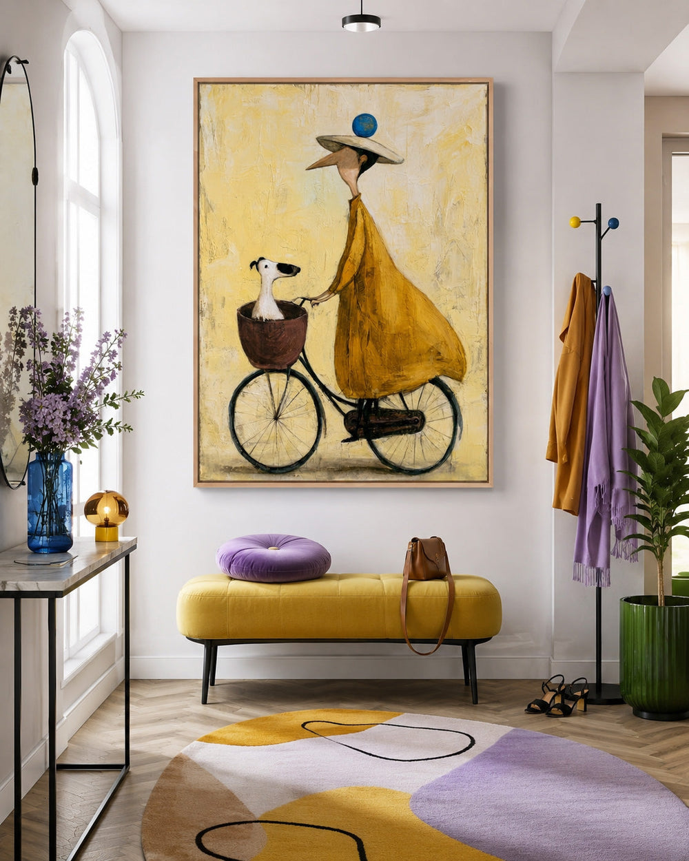 Whimsical Abstract Figure Painting With Dog In Basket For Modern Home Decor