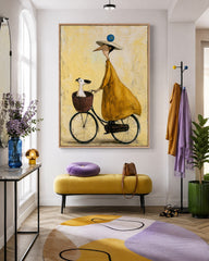 Whimsical Abstract Figure Painting With Dog In Basket For Modern Home Decor
