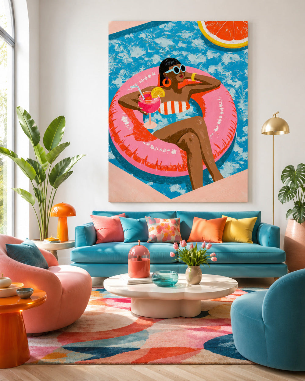 Vibrant Poolside Pop Art Painting With Citrus Motifs For Summer Home Decor