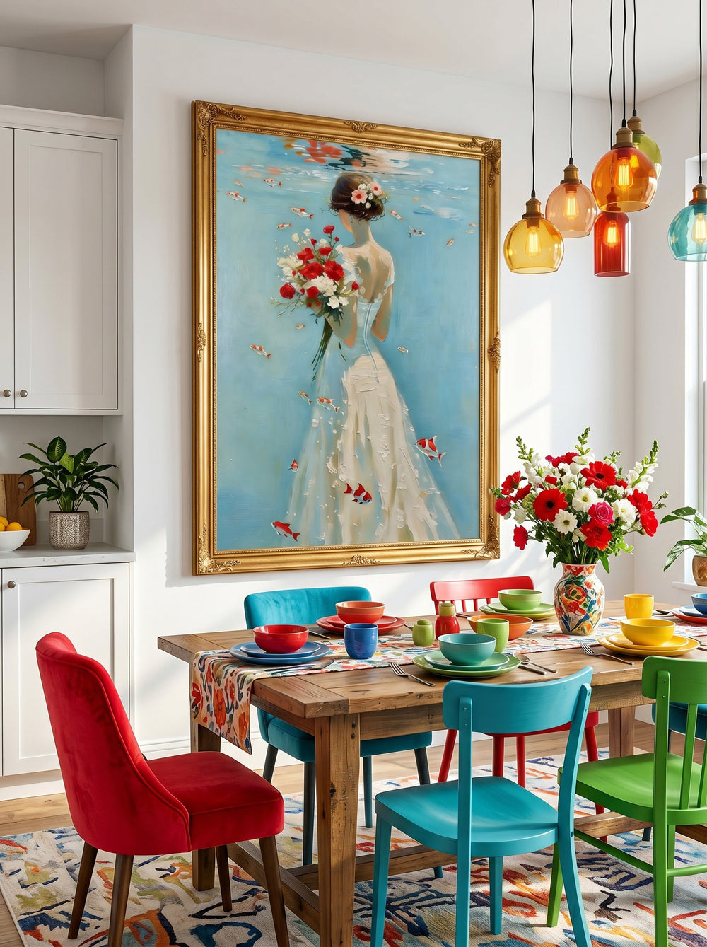 Underwater Bride Painting With Goldfish And Flowers For Romantic Home Decor