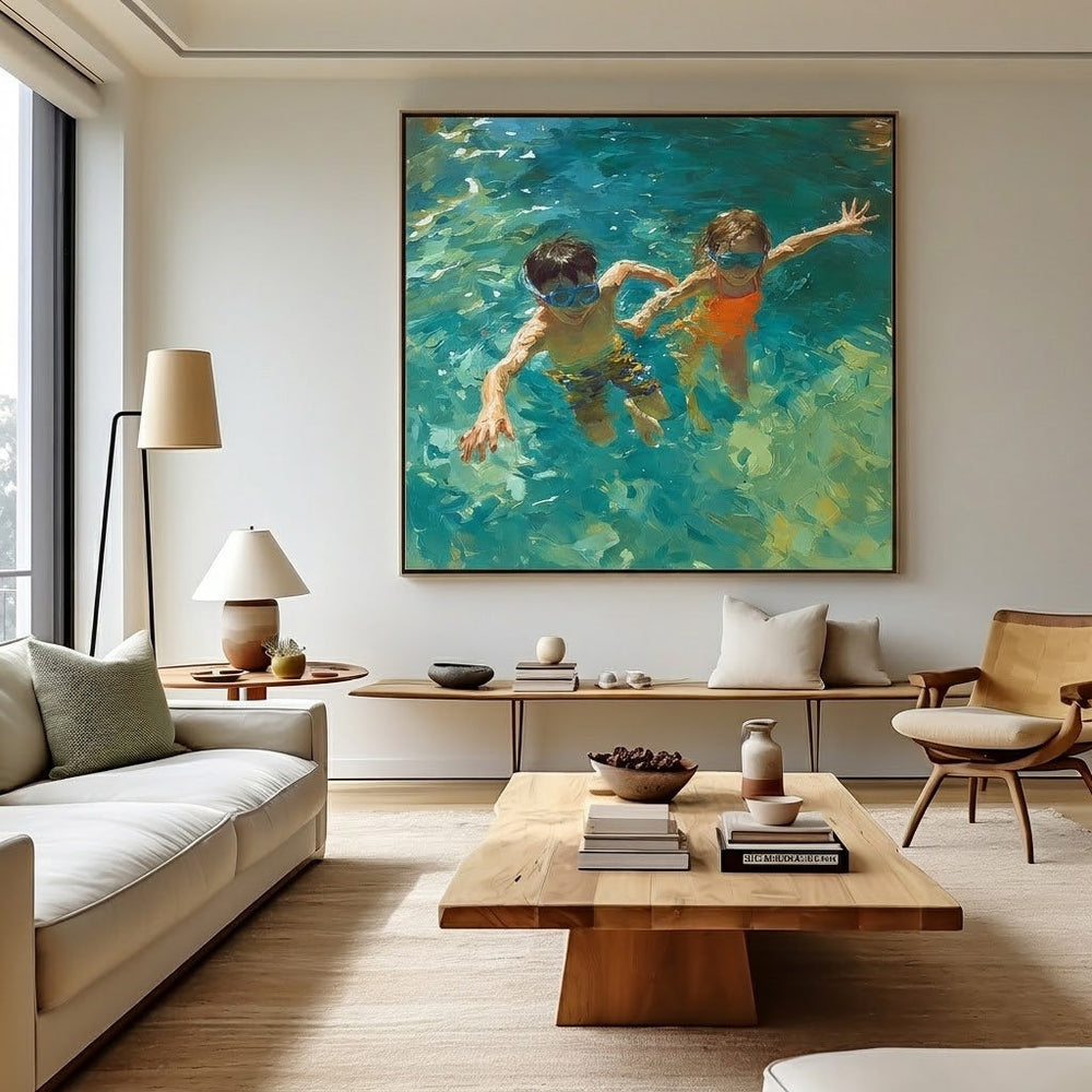 Vibrant Kids Swimming Oil Painting For Modern Family Living Room Decor