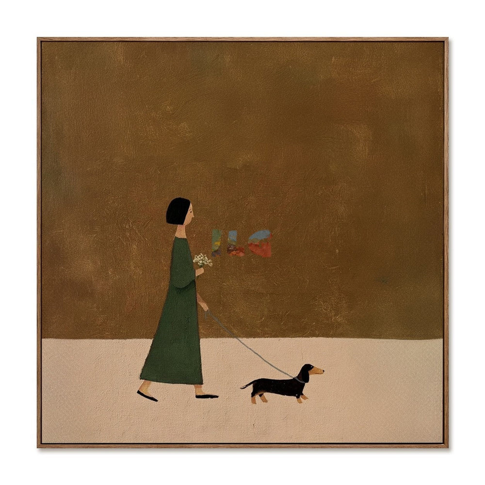 A Gentle Day Outside – Minimalist Figure and Dog Wall Art hand-painted wall art