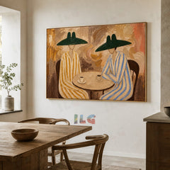Forest Café Moments – Two Figures in Green Hat Harmony