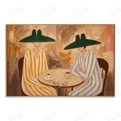 Forest Café Moments – Two Figures in Green Hat Harmony hand-painted wall art