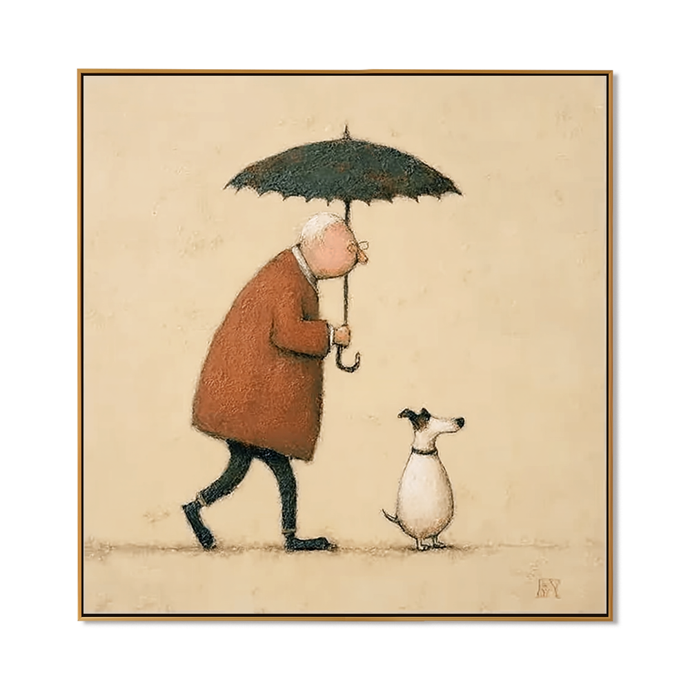 Gentle Rain Companion – Minimalist Human and Dog Wall Art hand-painted wall art