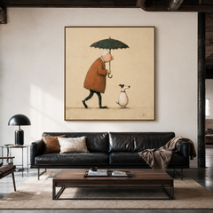 Gentle Rain Companion – Minimalist Human and Dog Wall Art