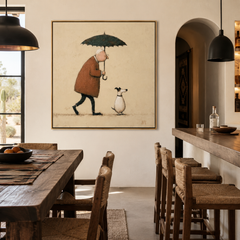 Gentle Rain Companion – Minimalist Human and Dog Wall Art