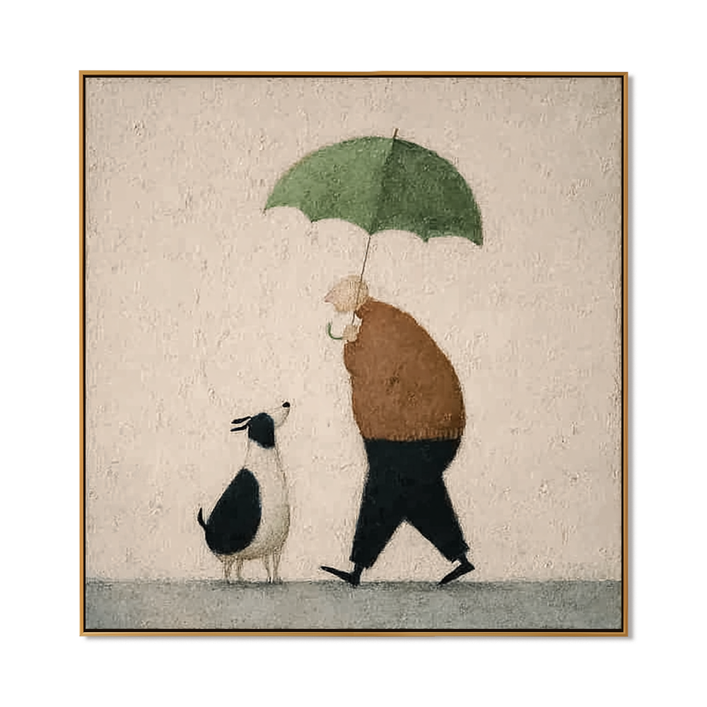 Quiet Walk – Minimalist Rainy Day Figurative Wall Art hand-painted wall art