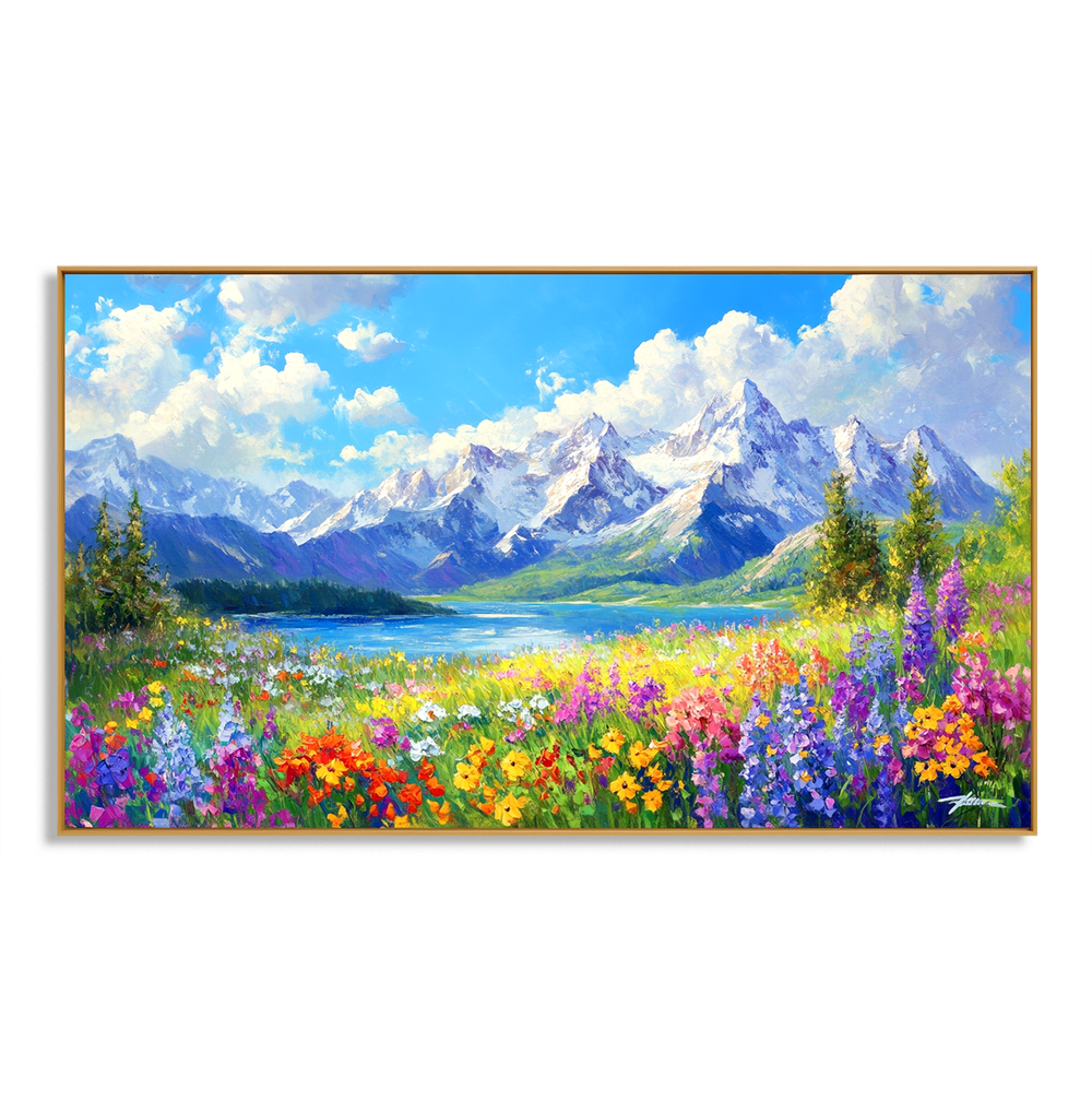 Alpine Promise – Snow Mountain Lake Wildflower Wall Art hand-painted wall art