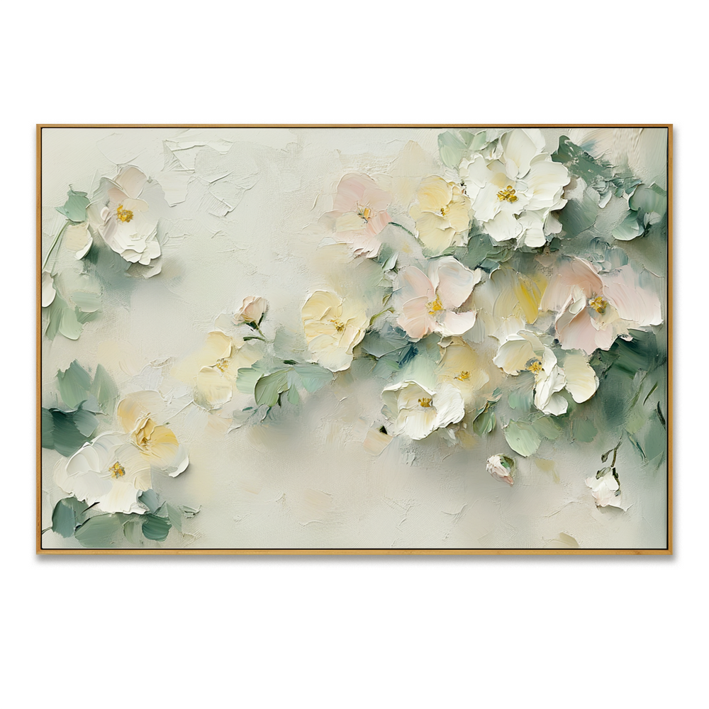 Pastel Blossom Serenity – Hand-Painted Textured Floral Canvas Art hand-painted wall art