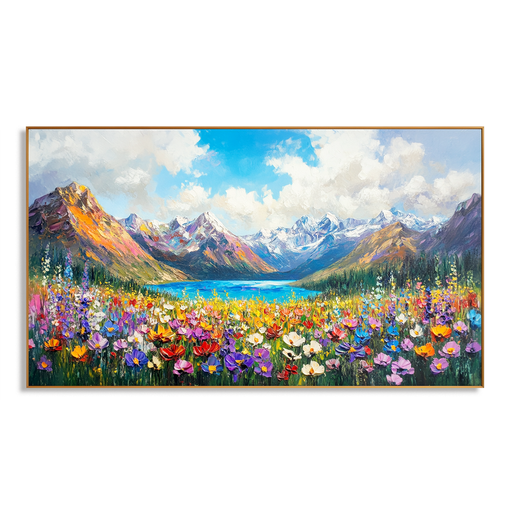 Everlight Meadow – Wildflower Mountain Lake Wall Art hand-painted wall art
