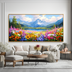 Alpine Bloom Horizon – Panoramic Mountain Lake Flower Field Oil Painting