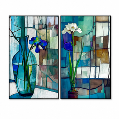 Blue Glass Garden – Floral Stained Art Wall Set hand-painted wall art