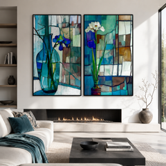 Blue Glass Garden – Floral Stained Art Wall Set
