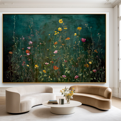 Emerald Meadow Horizon Panoramic Floral Hand Painted Wildflower for Living Room – Landscape Wall Art