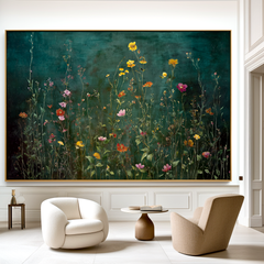Emerald Meadow Horizon Panoramic Floral Hand Painted Wildflower for Living Room – Landscape Wall Art
