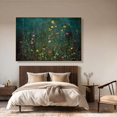Emerald Meadow Horizon Panoramic Floral Hand Painted Wildflower for Living Room – Landscape Wall Art