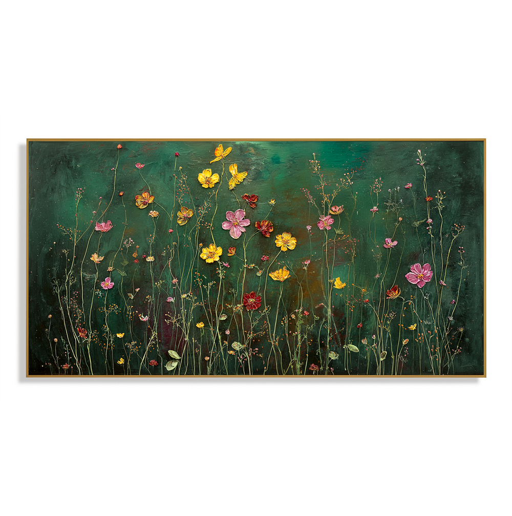 Golden Petal Reverie Panoramic Floral Wall Art Hand Painted Wildflower Canvas hand-painted wall art