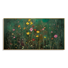 Golden Petal Reverie Panoramic Floral Wall Art Hand Painted Wildflower Canvas hand-painted wall art
