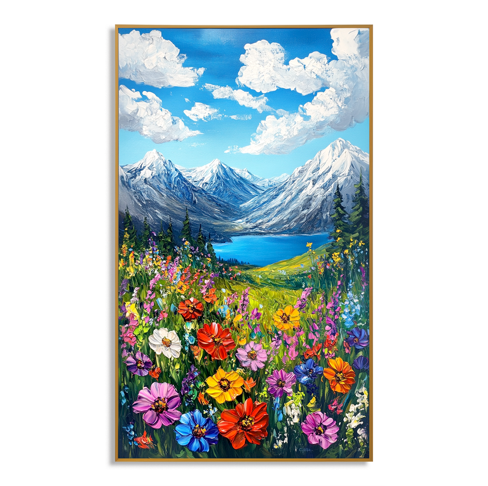 Skyward Bloom – Snow Mountain Lake Floral Wall Art hand-painted wall art