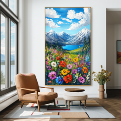 Skyward Bloom – Snow Mountain Lake Floral Wall Art