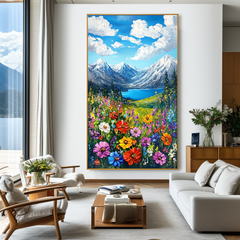 Skyward Bloom – Snow Mountain Lake Floral Wall Art