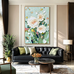 Mint Garden Peonies – Textured Floral Oil Painting