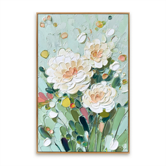 Mint Garden Peonies – Textured Floral Oil Painting hand-painted wall art